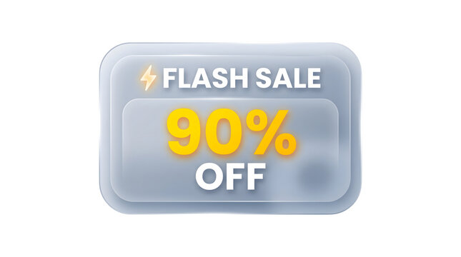 Glassmorphism web button design promoting flash sale with ninety percent off discount