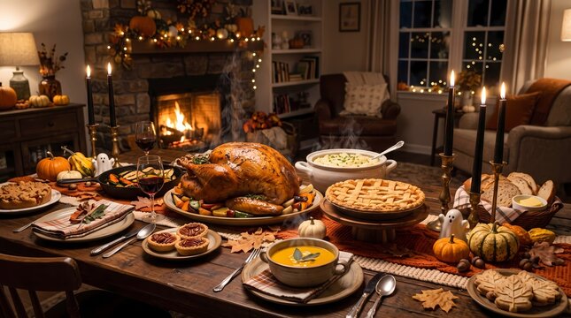Festive autumn dinner table adorned with delicious food, glowing candles, and a crackling fireplace