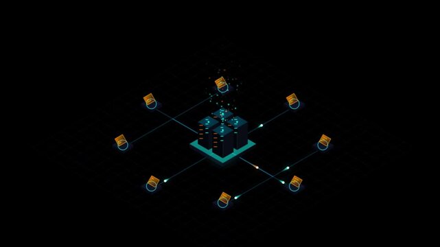 Isometric data center server network animation with digital information flow and connectivity nodes cloud computing