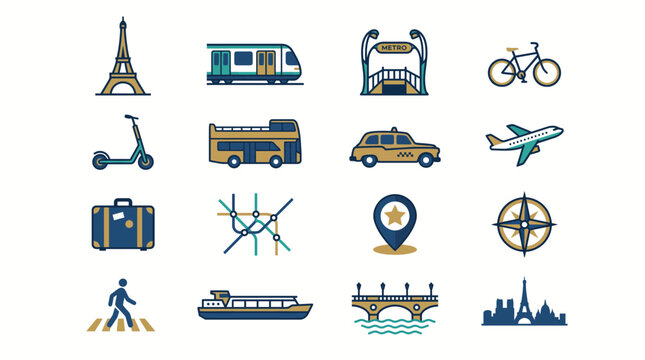 Paris travel and city transportation vector icon set including metro, bicycle, bus, and landmark symbols for urban navigation and tourism design