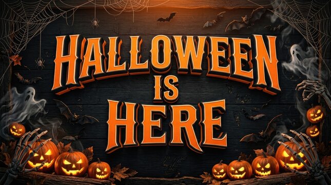 Halloween is here festive text with pumpkins and spooky haunted house background
