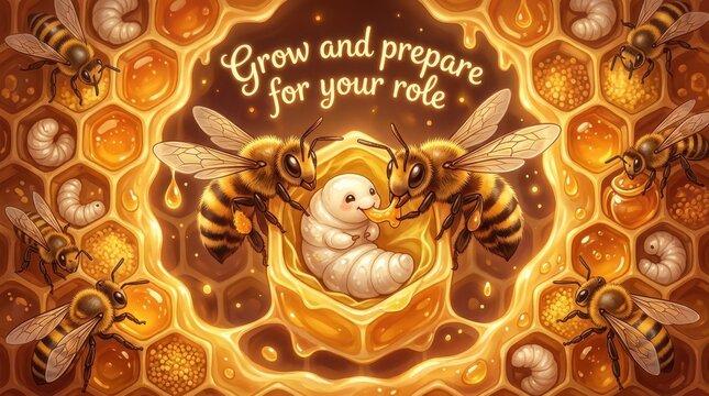A group of bees tend to a larva within a honeycomb structure, illustrating growth and community, with the text 'Grow and prepare for your role' subtly
