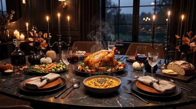 Sophisticated Halloween Dinner Party Table with Abundant Feast and Cozy Candlelight Ambiance