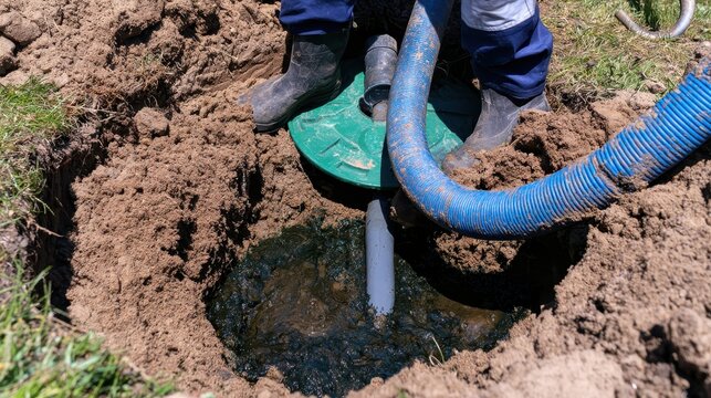 A worker using a blue suction hose to pump and clean a muddy septic tank in the ground outdoors. Perfect for residential plumbing and waste management services.