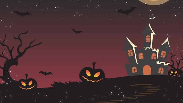 Spooky silhouette landscape with stars at night for Halloween themed graphic background