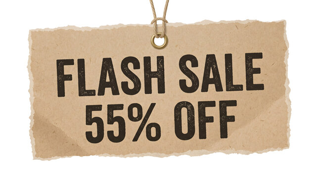 Brown torn paper tag with black flash sale text and fifty five percent off hanging on transparent background