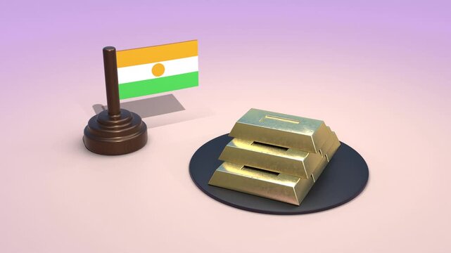 Niger flag with gold bars, national economy and precious metal reserves, 3D render of Nigerien wealth and mining industry
