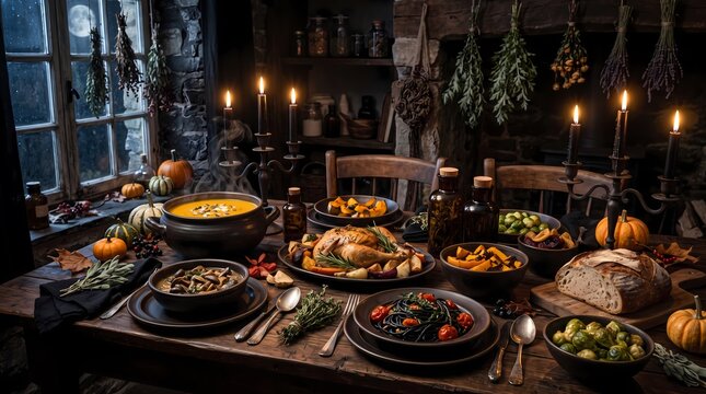 Traditional Halloween Harvest Dinner with Roasted Turkey and Candlelit Atmosphere
