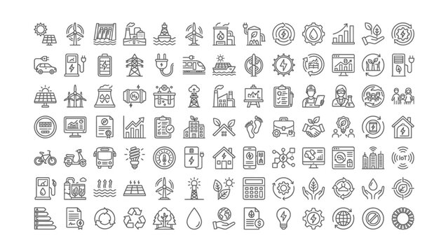 Comprehensive line icon set representing sustainable energy environmental protection and renewable resources for modern design needs