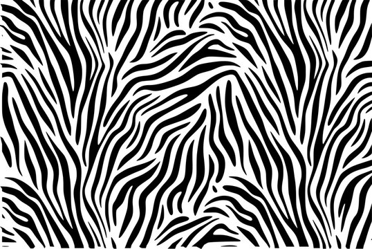 Seamless zebra print pattern featuring bold black and white wavy stripes for fashion and interior