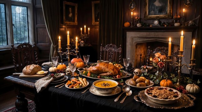 Feast fit for royalty on a grand dining table laden with delicious food and autumn decor