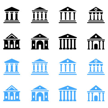 Collection of twelve building featuring classical architecture with columns and pediments in black and blue on a white background