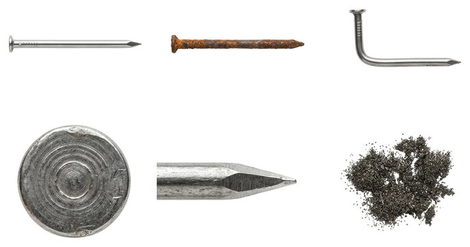 Collection of iron nails, including straight, rusty, bent nails, nail head, sharp tip, and metal shavings, isolated hardware objects