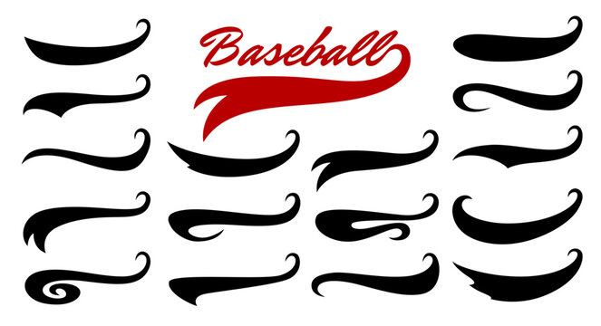 Baseball sport swoosh tails, retro american font swish and swash underline ribbons. Black and red calligraphy elements set of hand drawn curly text strokes, sport font ornament and swoosh tails