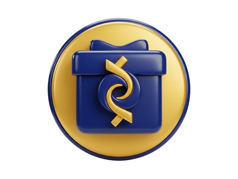 A 3d purple gift box icon featuring a golden dna strand symbol on a circle
