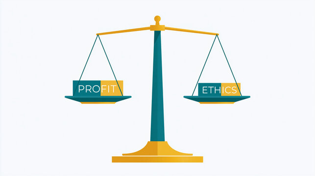 A balanced scale weighing profit and ethics equally isolated on white background. Corporate responsibility concept for ethical business illustrations.