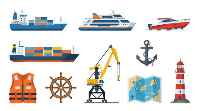 Vector Illustration of Nautical and Shipping Elements in Modern Flat Style with Blue, Red, Yellow Colors