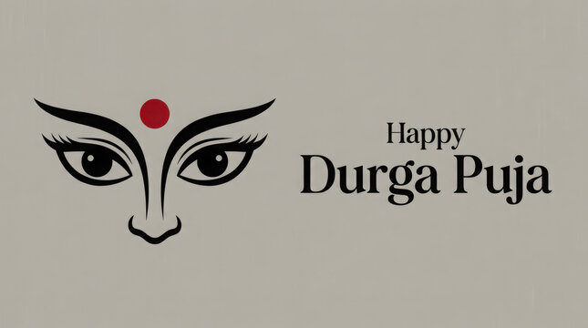 Minimalist durga puja greeting card with goddess eyes and red bindi on beige generated using ai