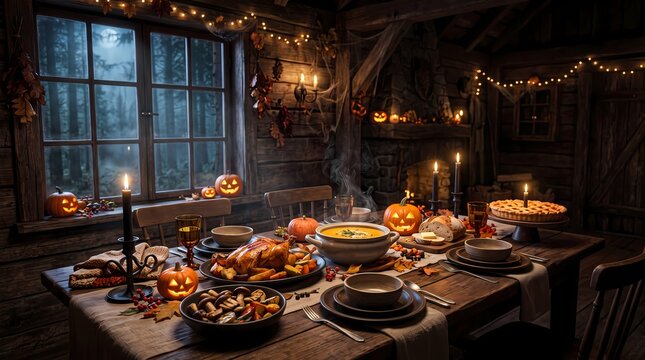 Cozy Halloween Dinner Table with Roast Turkey and Jack-o'-Lanterns in a Rustic Cabin