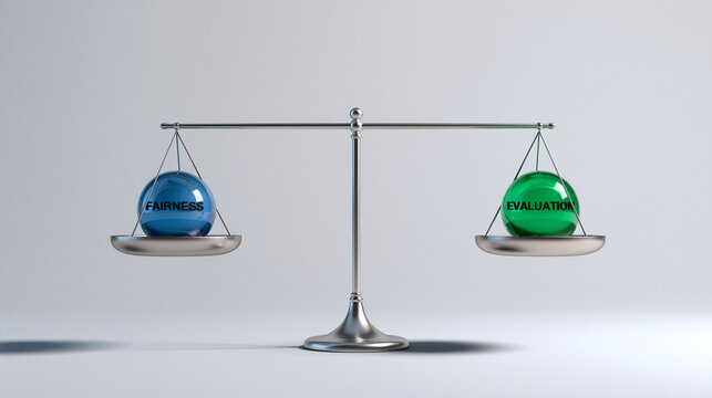 A silver balance scale weighing fairness and evaluation with colored glass spheres. Justice and business evaluation concept.
