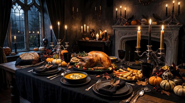 Halloween dining table feast with pumpkin soup roasted food and candles