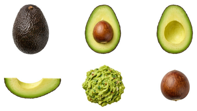 Collection of fresh avocado fruits, halved avocado with pit, sliced avocado, guacamole dip and single seed isolated