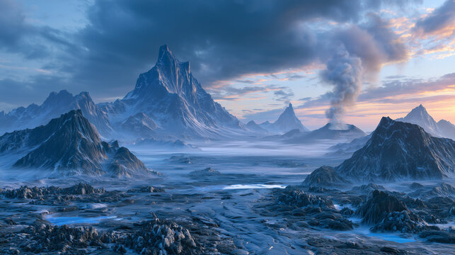 massive black volcanic mountain range, jagged peaks covered with dark volcanic rock, smoke rising from distant craters, dramatic storm clouds above the landscape, cinematic wide-angle photography.