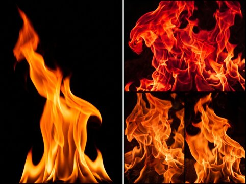 Split screen collage of intense golden and red fire flames leaping against a solid black background.