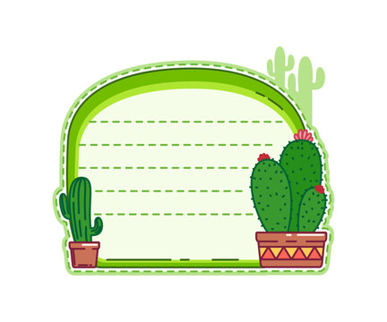 Succulent cactus plant kids memo note frame. Exotic cacti planner to do list label, tropical cactus succulent in flowerpot scrapbook vector memo note. Desert flora kid diary sticker or plant frame