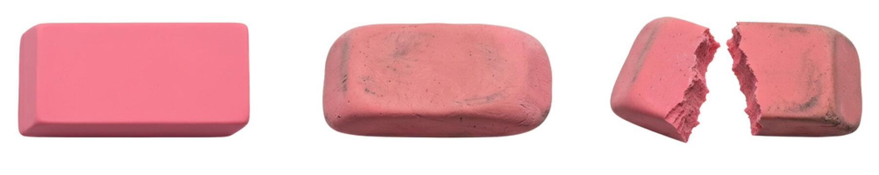 Pink rubber eraser progression from new block to heavily used state and broken pieces separated horizontally