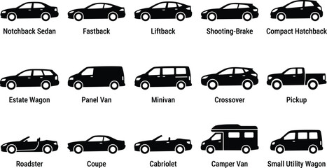 Obraz premium Set of various car body style icons showing different types of vehicles in a simple black silhouette design