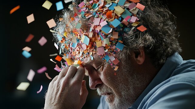 A man, overwhelmed, has colorful confetti exploding from his head. He touches his forehead