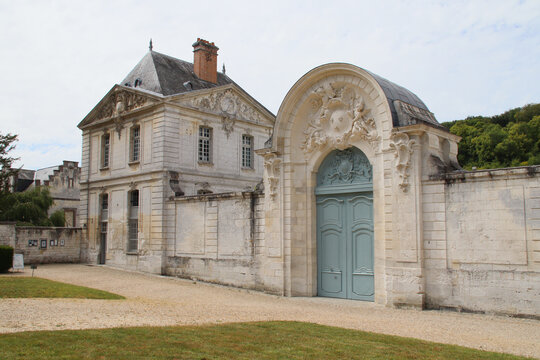 commons and gate at the saint-wandrille abbey in normandy in france 