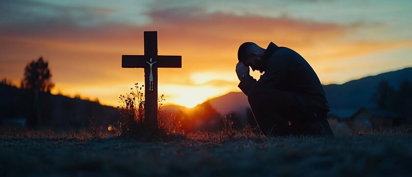 A person kneels in prayer before a cross at sunset. The sky is ablaze with colors