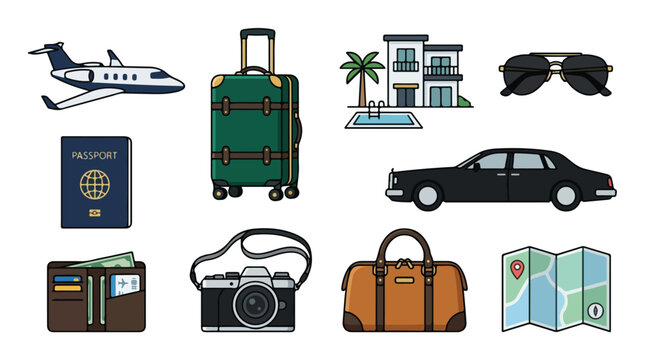 Vector Illustration Set of Travel and Vacation Icons in Modern Flat Style Featuring Airplane Suitcase Pool Villa Sunglasses Passport Wallet Camera Bag and Map
