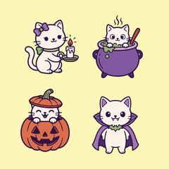 Naklejka premium Four cartoon white cats wearing Halloween costumes for holiday celebration stickers.