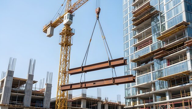 Industrial yellow tower crane lifting steel beams at skyscraper construction site, modern urban building development with heavy machinery