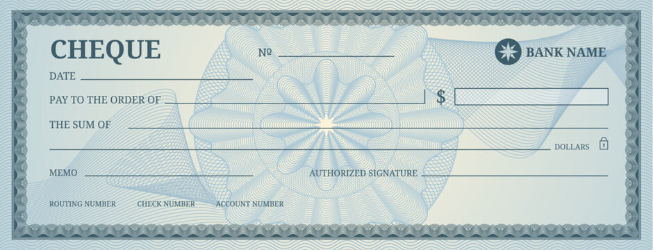 Bank checkbook cheque, paper payment cheque with blue watermark and guilloche, blank donate and charity template. Award or gift voucher professional financial document for payment or money transfer