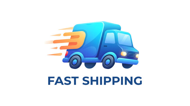 Blue delivery truck speeding with motion trails and Fast Shipping logo illustration