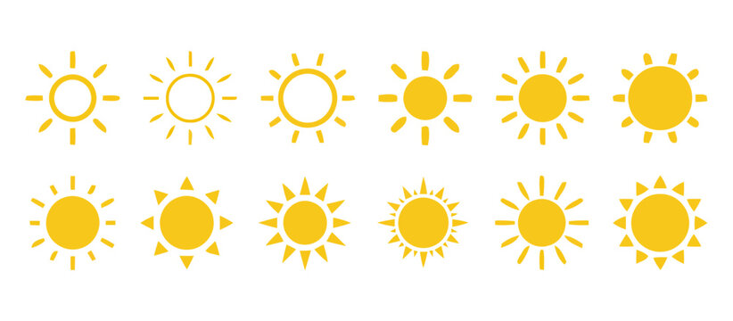 Set of yellow hand drawn sun icons and symbols on a with sun vector summer icon sunshine graphic sun shape weather symbol bright sun collection illustration meteorology