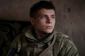 Obraz premium Stoic young soldier in military uniform and protective gear staring ahead. Documentary portrait expressing duty, courage, resilience, war, and service with dramatic copy space.