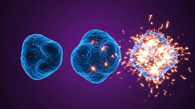 Dynamic Cell Activation Response Representation on Purple Background for Scientific and Medical Use in Biotechnology and Healthcare