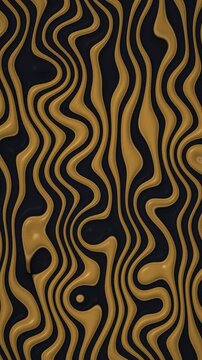 Golden liquid stripes labyrinth flowing on dark background, abstract black and gold pattern, seamless loop vertical