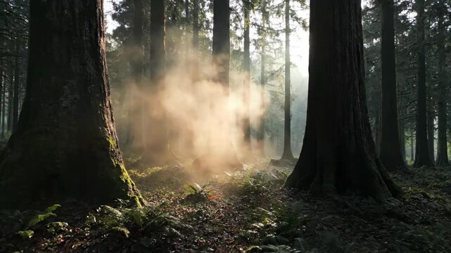 Sunbeams through misty forest with glowing dust motes and tranquil trees