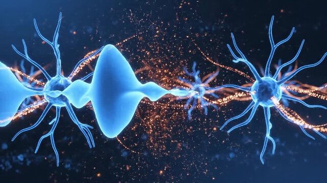 Dynamic Neurons Transmitting Signals Animation Visualizing Biological Processes In Vibrant Blue And Orange Color Palette