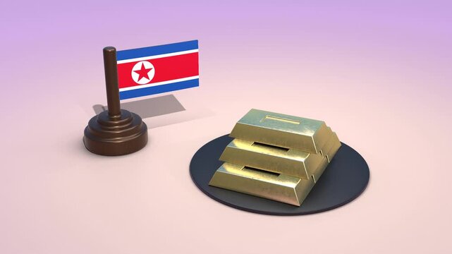 North Korea flag with gold bars, national economy and financial reserves concept, 3D render of DPRK flag and bullion