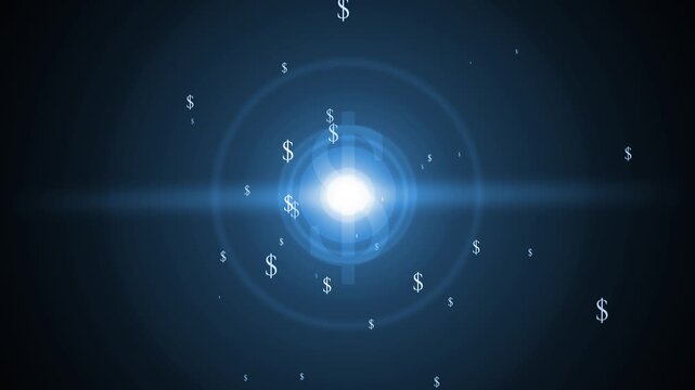 Glowing light with floating dollar signs on a dark background animation, symbolizing money wealth and finance animated