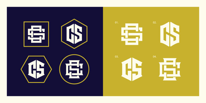 Set of modern CS and CSC monogram lettermark logos in geometric frames for brand identity design.