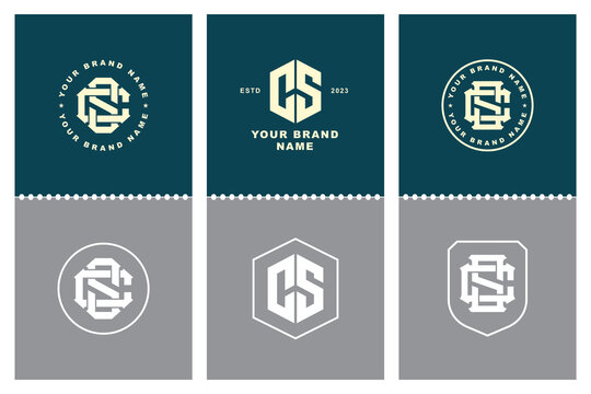 Elegant CS letter logo monograms collection in retro badge and shield styles on teal background