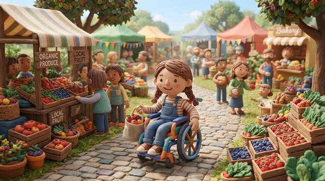 A cheerful young girl in a wheelchair shopping for fresh organic produce at a vibrant outdoor farmers market with claymation style characters